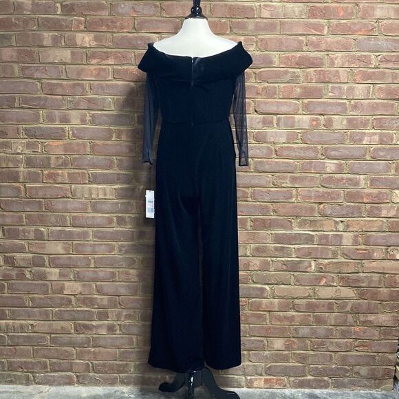 Calvin Klein Black Velour Sheer Zippered Long Sleeve Off Shoulder Jumpsuit Size - Picture 5 of 8